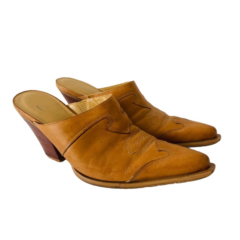 Vintage Western Leather Heeled Mules Women Size 7.5 Tan Cowgirl Rodeo